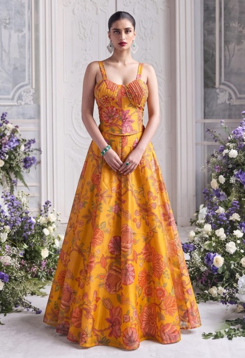 Mustard Floral Tabby Organza Party Wear Lehenga Set